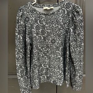 LOFT Women's Scroll Jacquard Damask Sweater Top Blouse Black Gray - Size M